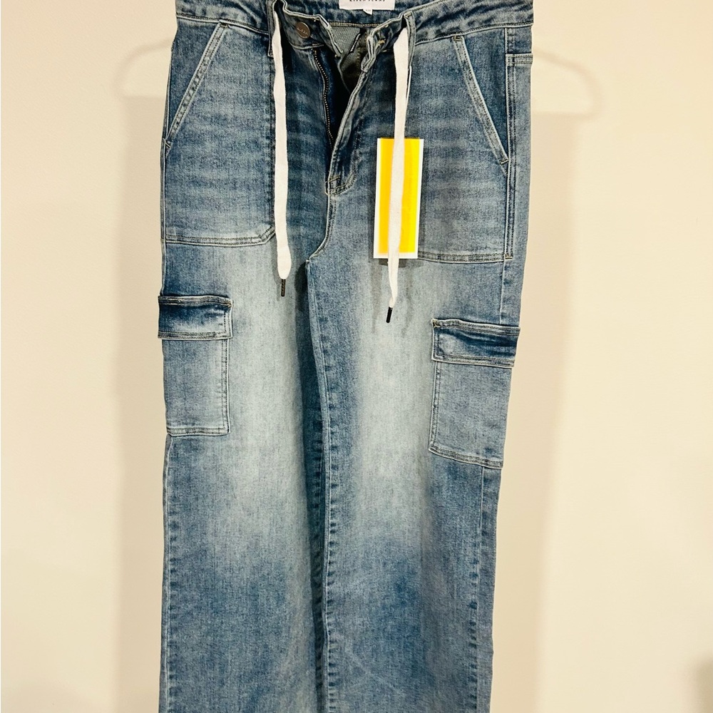 Denim Cargo Jeans with Drawstring